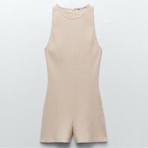 Zara Racerback Ribbed Knit Oatmeal Cream Tan Sleeveless Romper Cat Suit sz Med - Picture 2 of 9